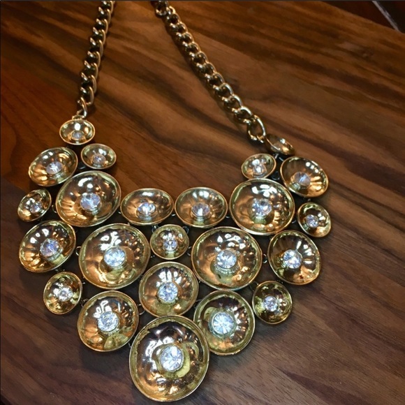 Jewelry - Gold Round Disc Faux Diamond Bib Necklace